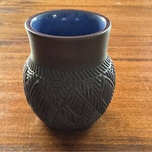 Six Nations Mohawk Pottery vase Blue Glaze Interior, signed Syl S Sylvia Smith